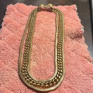 VINTAGE Art Deco Stylish Gold Tone 3 Strand Necklace with Repousse bow clasp